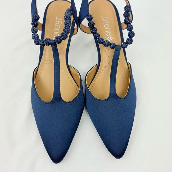 J. Renee NIMAH Navy Blue Sparkle Bead Pointed Toe T Strap Slingback Heels - Picture 9 of 16